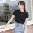 Puff-sleeve Flower Embroidered T-shirt Black - One Size