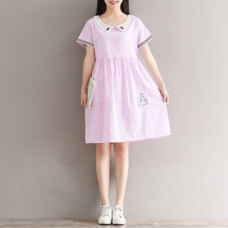 Rabbit Embroidered Collar Striped Short-sleeve A-line Dress