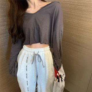 V-neck Plain Hooded T-shirt