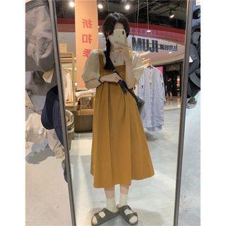 Puff-sleeve Round Neck Plain Top/ Plain Square Overall Dress
