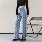 Mid Waist Checker Patched Wide Leg Jeans
