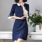 Elbow-sleeve Collar Striped Mini A-line Dress