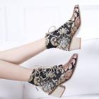 Flower Embroidered Pointed Block Heel Short Boots