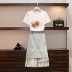 Set: Flower Short-sleeve T-shirt + Denim A-line Midi Skirt