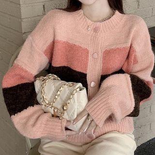 Color Block Knit Cardigan Pink - One Size