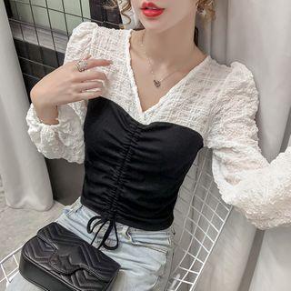 Long-sleeve Drawstring Paneled Blouse