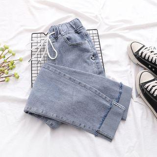 Lettering Smiley Face Embroidered Straight Leg Jeans