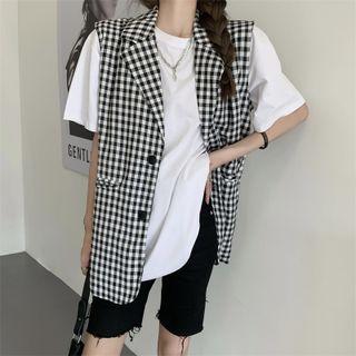 Plaid Pocket-detail Sleeveless Jacket / Plain Short-sleeve T-shirt