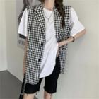 Plaid Pocket-detail Sleeveless Jacket / Plain Short-sleeve T-shirt
