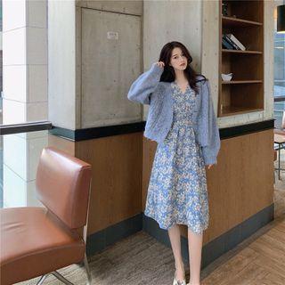 Floral A-line Dress / Plain Loose-fit Cardigan