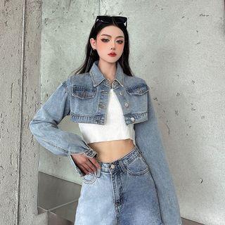 Long-sleeve Denim Button-up Cropped Jacket