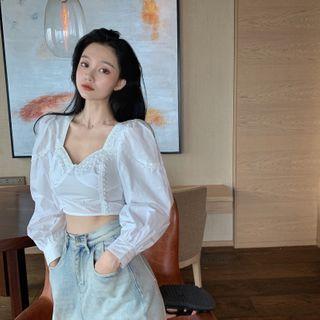 Square Neck Lace Long-sleeve Blouse