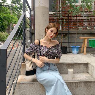 Off-shoulder Drawstring Floral Crop Top