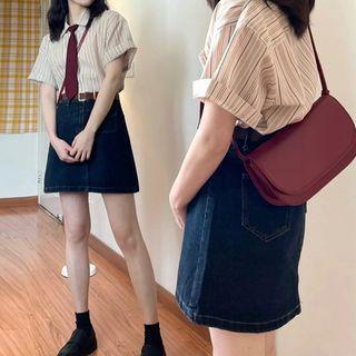Striped Shirt / Denim Mini A-line Skirt / Set