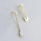 Non-matching 925 Sterling Silver Rhinestone Safety Pin Dangle Earring