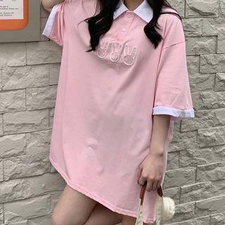 Short-sleeve Rabbit Embroidered Collared T-shirt