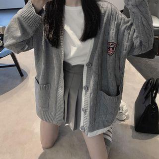 Contrast Trim Chunky Knit Cardigan / Long-sleeve T-shirt / Pleated Mini Skirt