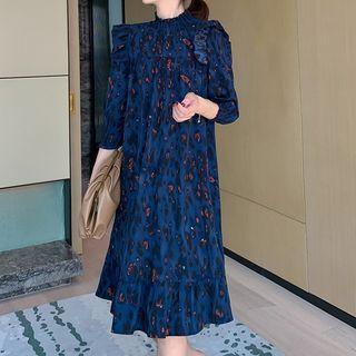 Balloon-sleeve Leopard Print Ruffled A-line Dress