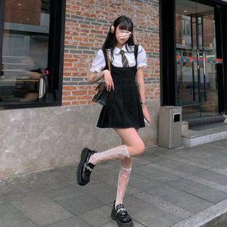 Set: Puff-sleeve Blouse With Necktie + Mini A-line Overall Dress