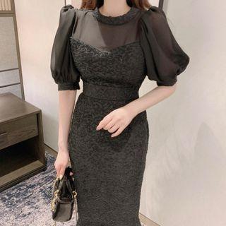 Short-sleeve Textured Sheath Dress