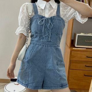 Balloon-sleeve Eyelet Lace Blouse / Lace-up Denim Jumper Shorts