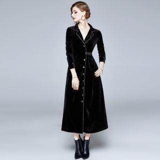 Velvet Long-sleeve Midi A-line Shirtdress