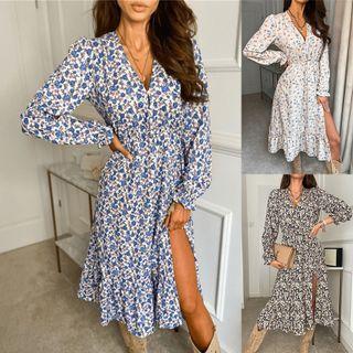 Long Sleeve V-neck Floral Print Slit Long Dress