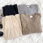 Long-sleeve V-neck Knit Sweater / High Waist Plain Ruched Midi Skirt