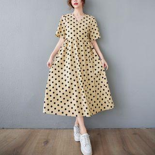 Short-sleeve Dotted A-line Dress Dot - Almond & Black - One Size