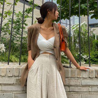 Short-sleeve Collarless Blazer