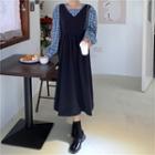 Long-sleeve Square-neck Plaid Blouse / Plain Jumper Dress