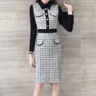 Long-sleeve Houndstooth Panel Straight-fit Dress