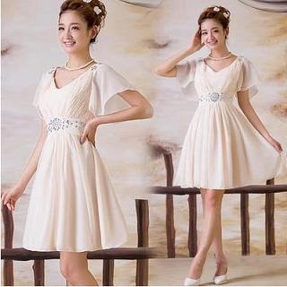 Short-sleeve Jeweled A-line Cocktail Dress