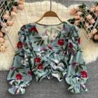 V-neck Floral Cropped Long-sleeve Chiffon Top