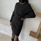 Wrap-front Tube-hem Knit Dress Black - One Size