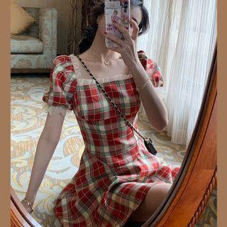 Puff-sleeve Plaid Mini A-line Dress / Midi Sheath Dress