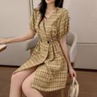 Short-sleeve Plaid Double-breasted A-line Dress