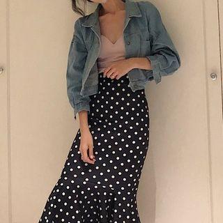 Polka Dot Ruffled-trim Midi Skirt