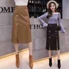 Faux Leather Front-split Midi H-line Skirt