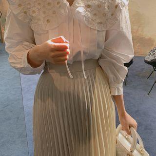 Flower-embroidered Collar Pleated Blouse