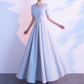 Short-sleeve Ruched A-line Evening Gown