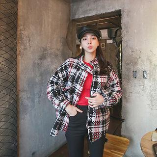 Stand-collar Tweed Zip Jacket With Belt