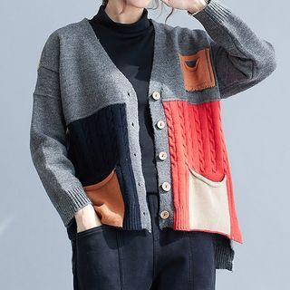 Patch Work Cardigan Gray & Red & Black - One Size