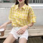 Plaid Short-sleeve Blouse Yellow - One Size