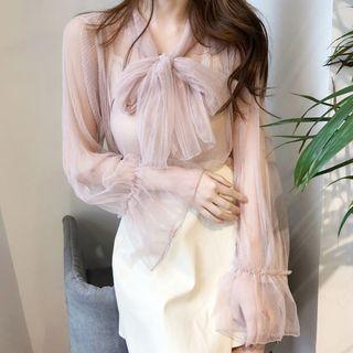 Set: Long-sleeve Knot Front Sheer Top + Camisole Top