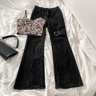 Flared Jeans / Floral Cropped Camisole Top