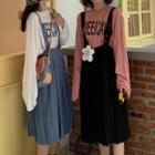 Lettering Long Sleeve T-shirt / Pleated Jumper Skirt