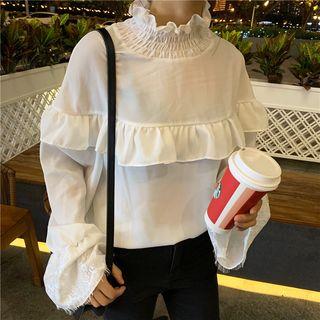 Ruffle Long-sleeve Top / Button Houndstooth Sleeveless Dress