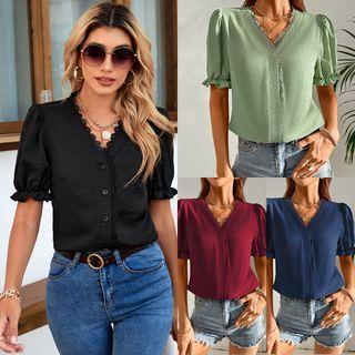 Short-sleeve V-neck Lace Trim Plain Top