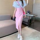 Short-sleeve Lettering Print T-shirt / High-waist Midi Pencil Skirt